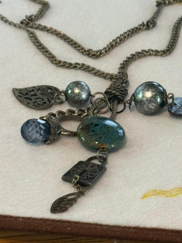 Vintage VCLM Lee Mode Key Heart Charm Necklace 27" Teal Bead Boho