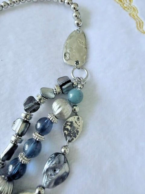 Blue Gray Multi-Strand Shell Bead Statement Necklace Silver Tone 21"