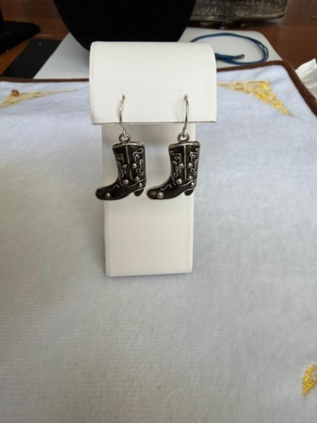 Fancy Black Enamel Western Cowboy Boots Silver Tone Earrings