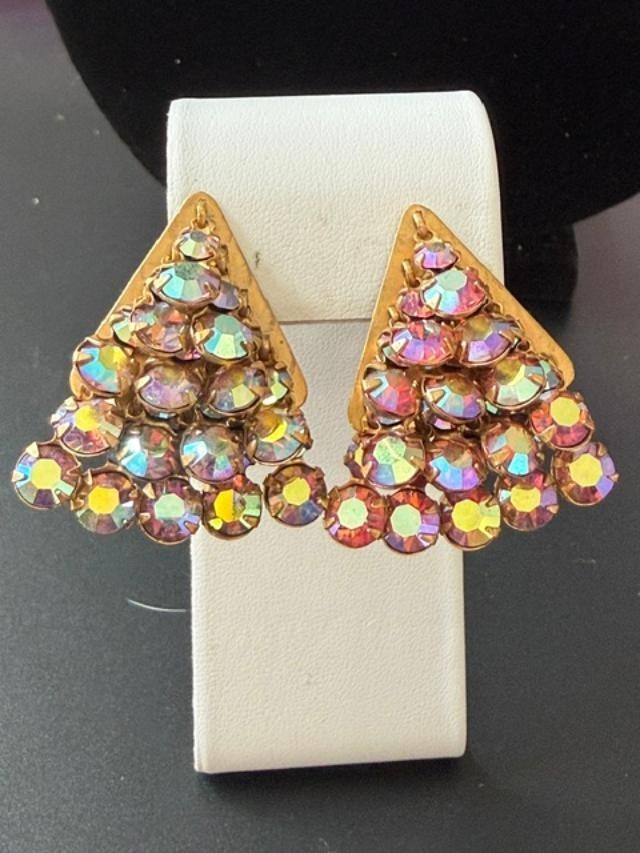 Vintage Aurora Borealis Triangular cascading Rhinestone crystal clip-on earring