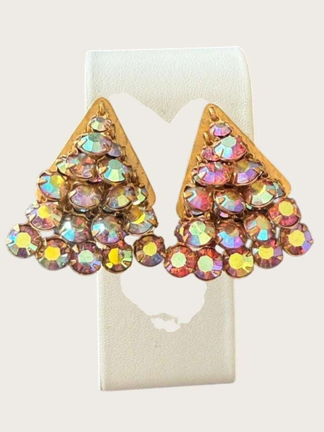 Vintage Aurora Borealis Triangular cascading Rhinestone crystal clip-on earring