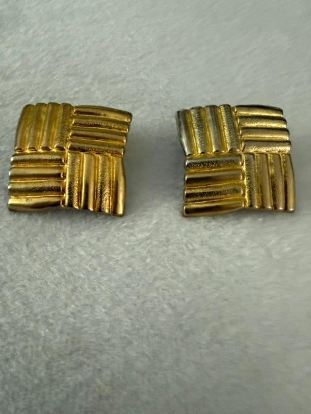 Vintage Gold Tone Textured Square Clip On Earrings 1.25 inches