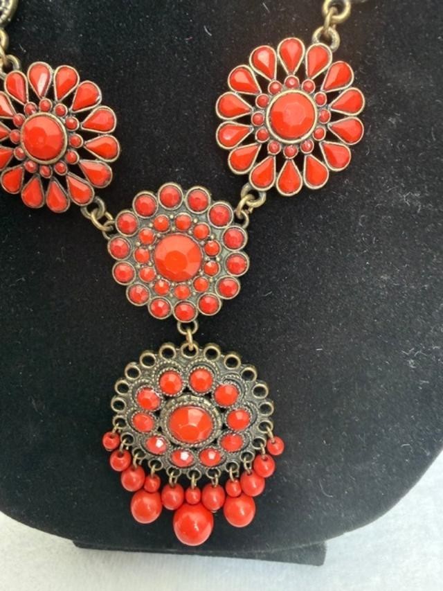 Orange Faux Coral Filigree Boho Statement Necklace 23" + 3" Extender