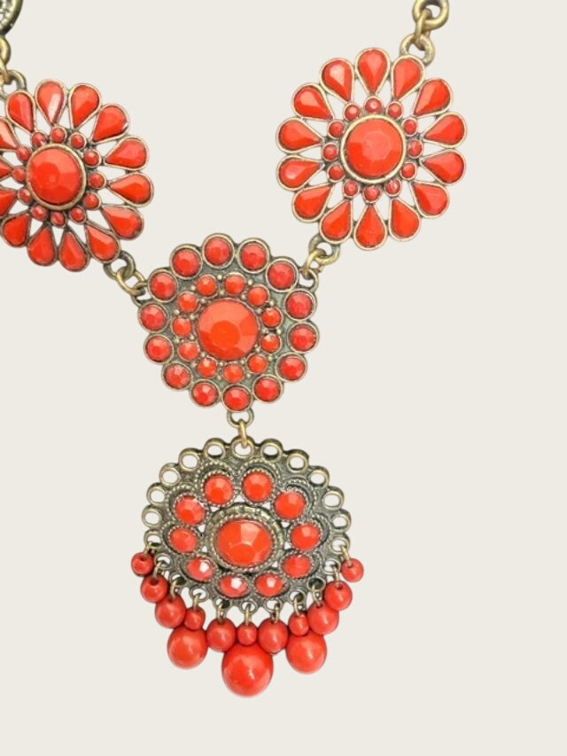 Orange Faux Coral Filigree Boho Statement Necklace 23" + 3" Extender