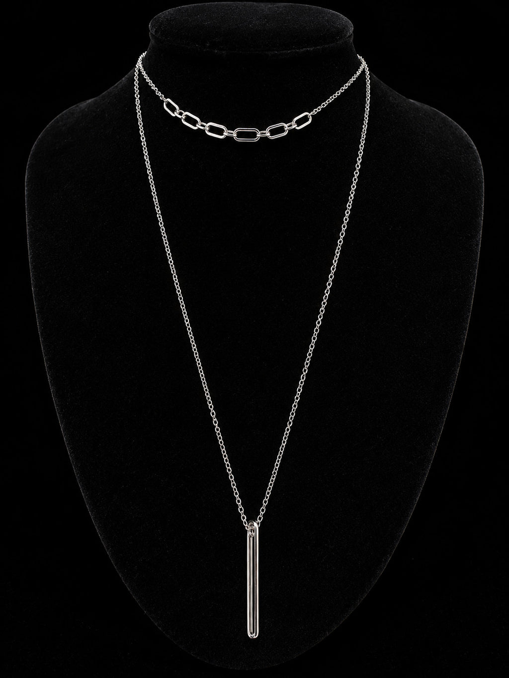 Nine West Silver Tone Long Bar Pendant Necklace 25" Open Minimalist Layered Look