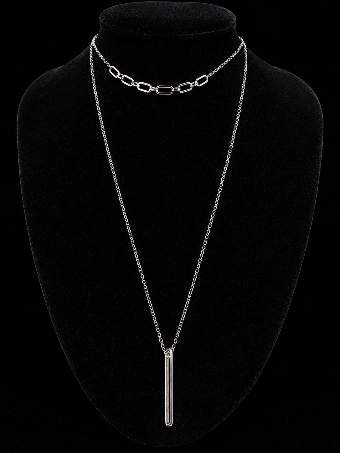 Nine West Silver Tone Long Bar Pendant Necklace 25" Open Minimalist Layered Look