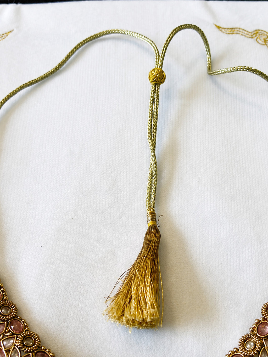 Pink Kundan Style Bib Necklace Gold Tone Beaded Drops Adjustable Tassel