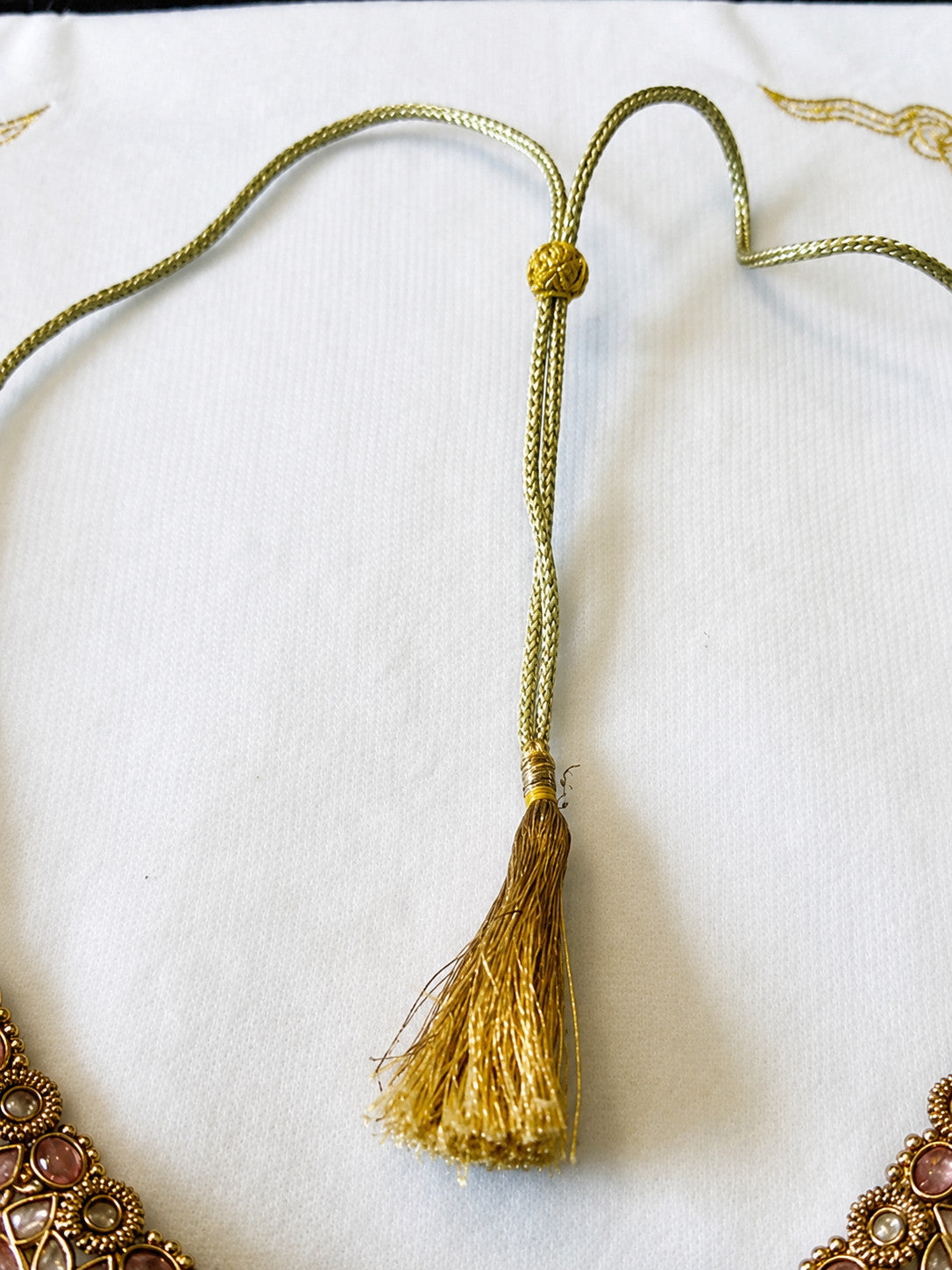 Pink Kundan Style Bib Necklace Gold Tone Beaded Drops Adjustable Tassel
