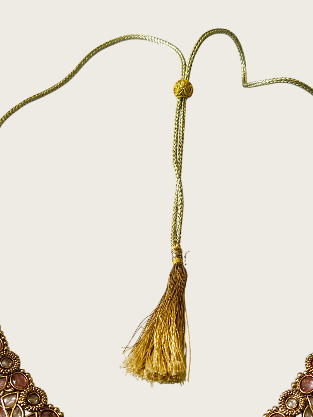 Pink Kundan Style Bib Necklace Gold Tone Beaded Drops Adjustable Tassel