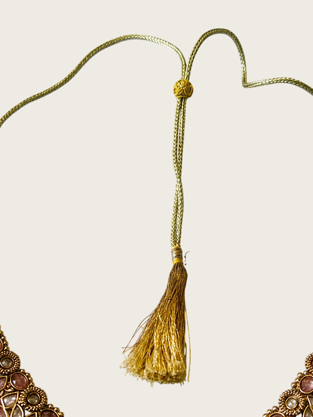 Pink Kundan Style Bib Necklace Gold Tone Beaded Drops Adjustable Tassel