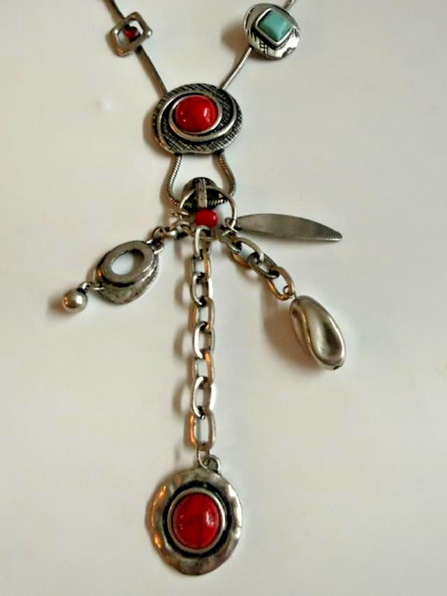 Boho Silver Tone Red Turquoise Color Cabochon Lariat Necklace 26