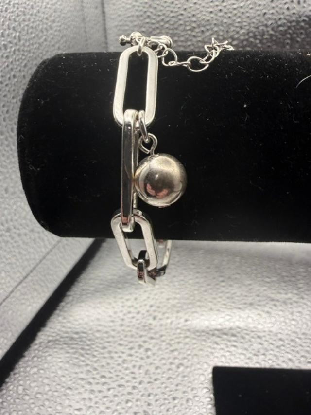 Silver Tone Chunky Paperclip Link Charm Bracelet Ball Rhinestone Tag Dangle Mode