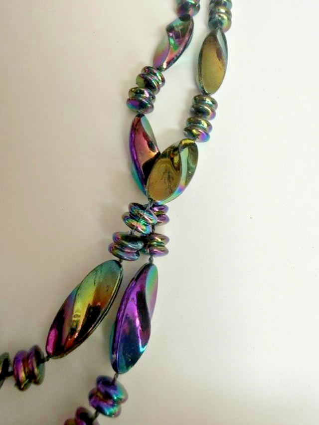 36" Rainbow Iridescent  Bead Necklace Long Costume Jewelry