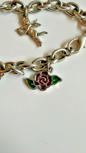 Silver Tone Cherub Angel Rose Pink Crystal Enamel Charm Bracelet