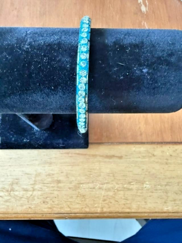 Blue Baguette Clear Rhinestone Glitter Bangle Bracelet Silver Tone
