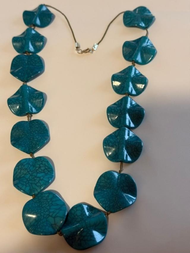 Teal Faux Turquoise Large Sculptural Bead Necklace 30" individually Knotted