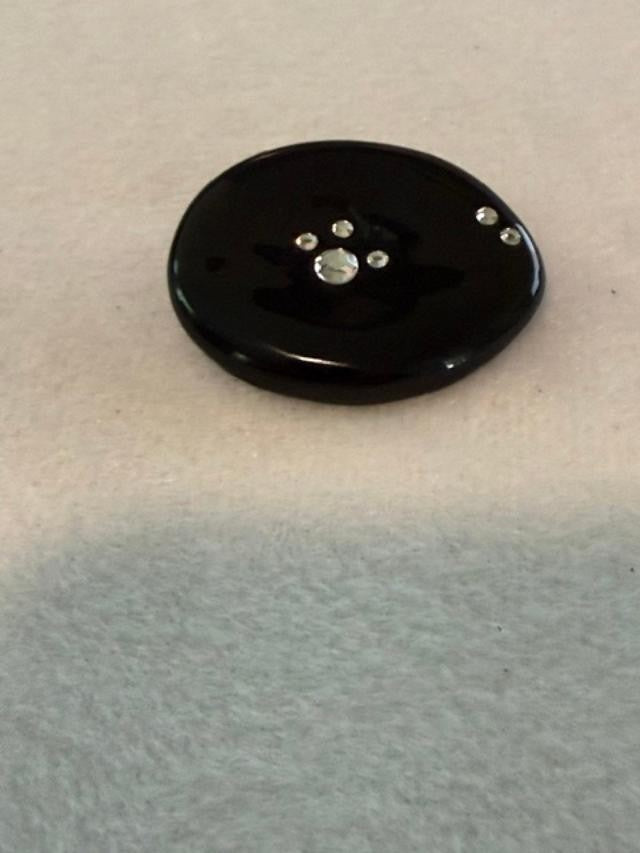 handmade OOAK black fused-glass brooch with small clear rhinestone