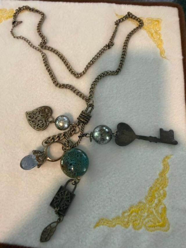 Vintage VCLM Lee Mode Key Heart Charm Necklace 27" Teal Bead Boho