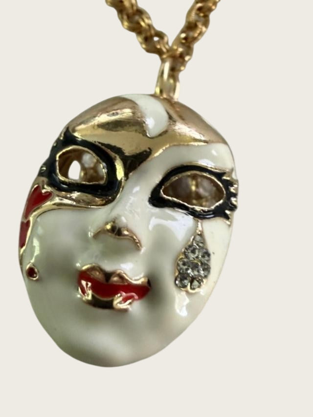 Vintage Gold Tone Venetian Masquerade Mask Pendant Necklace Enamel Rhinestone 31