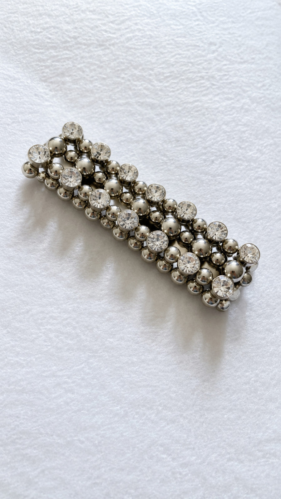 Silver Tone Multi Row Stretch Bracelet Clear Rhinestones Beaded Cuff 3/4" Wide