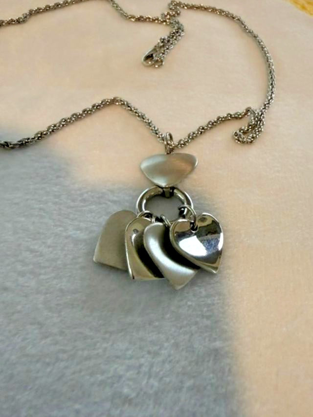 Silver Tone Five Heart Cluster Pendant Rope Chain Necklace 30 Inch