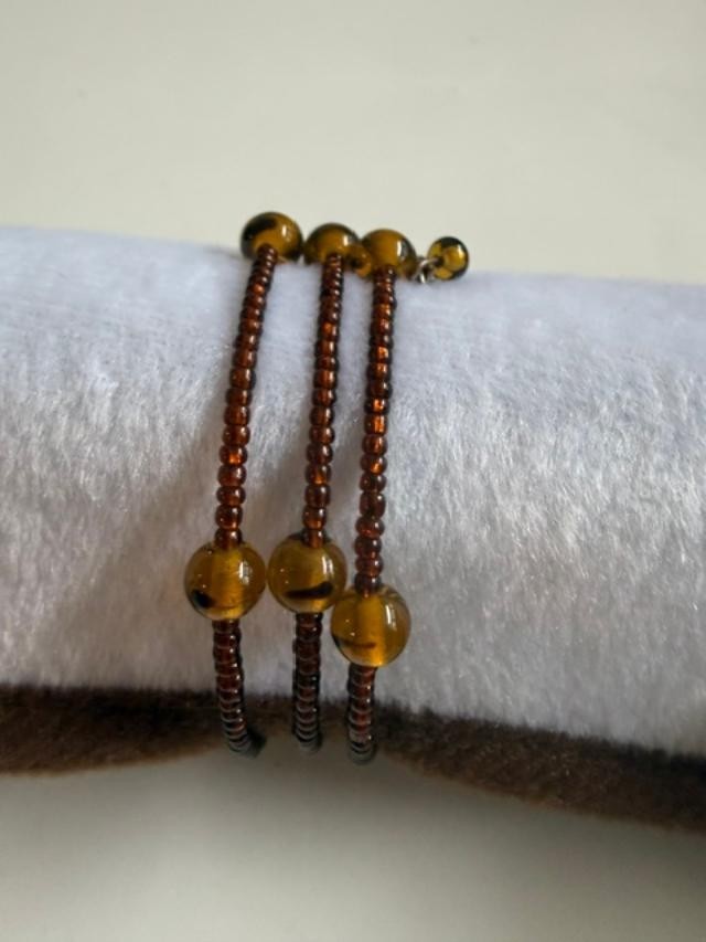 Brown Amber Glass Seed Bead Memory Wire Wrap Bracelet Boho
