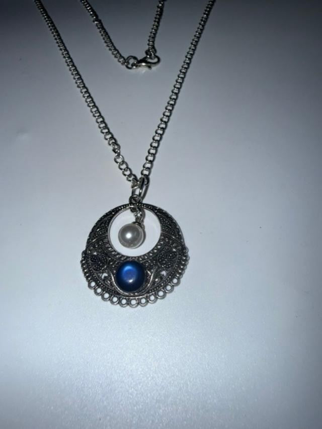 Silver Tone Filigree Blue Cabochon Faux Pearl Pendant Necklace 36"