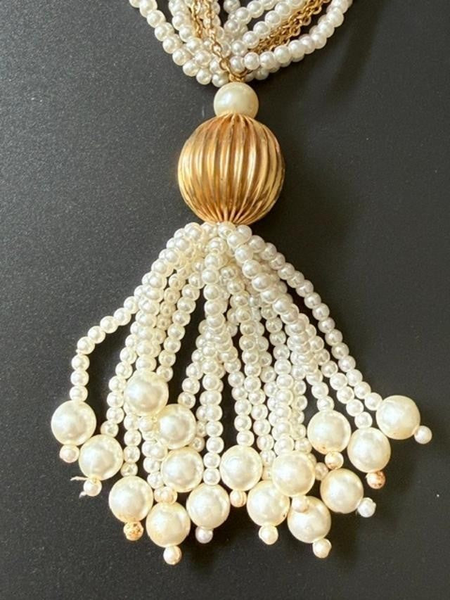 Vintage Faux Pearl Gold Tone Multi Strand Tassel Statement Necklace 28 Inch