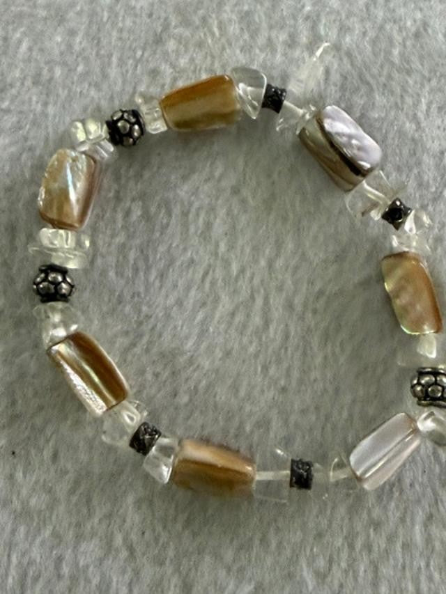 Mother of Pearl Shell Bead Necklace & Bracelet Set Crystal Silver Tone