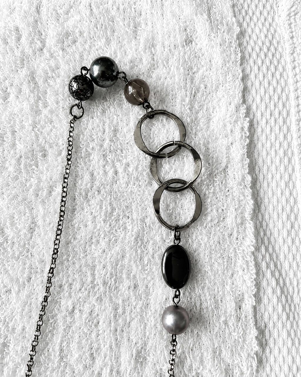 Blue Black Beaded Mixed Metal Long Station Double Chain Necklace 40"