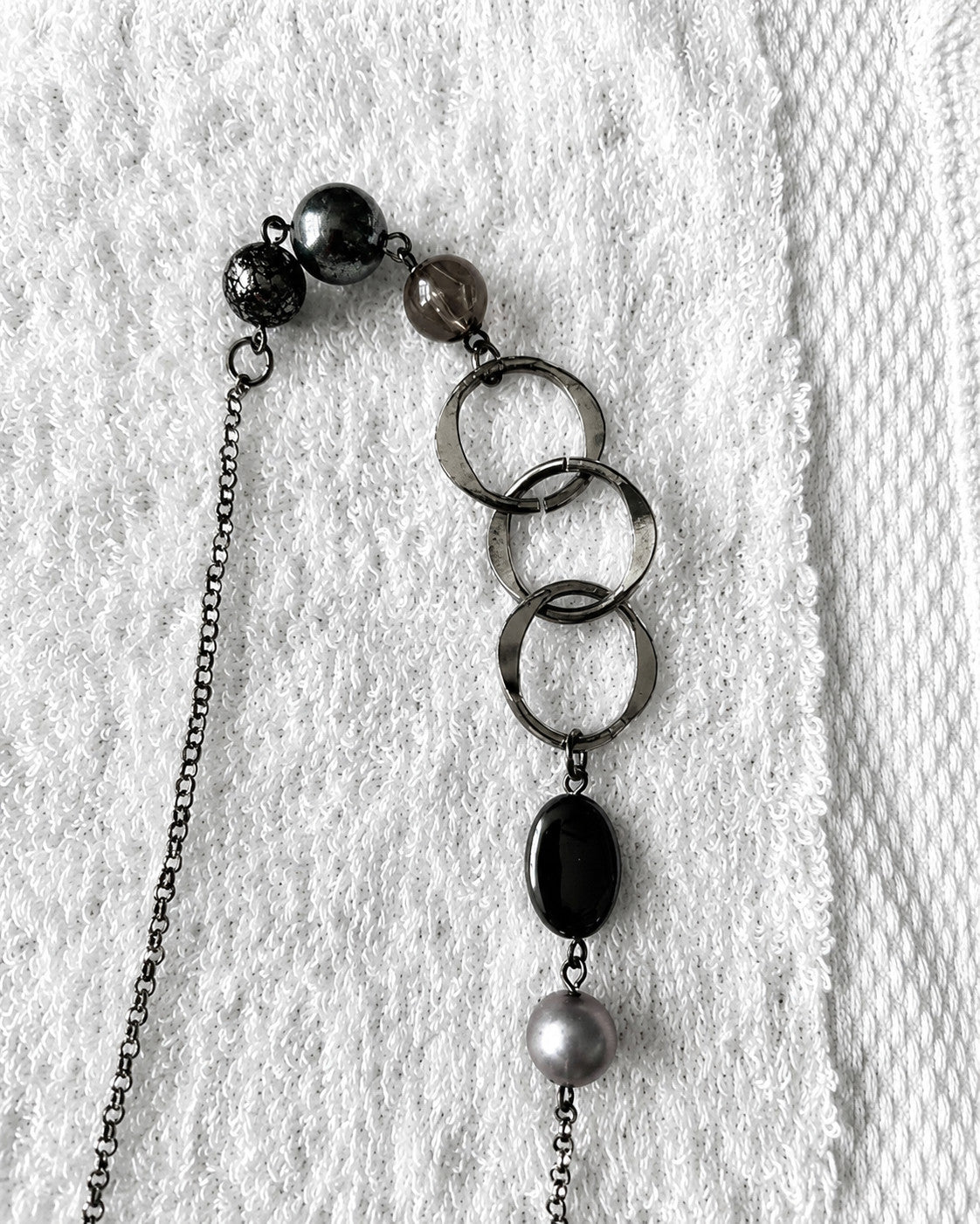 Blue Black Beaded Mixed Metal Long Station Double Chain Necklace 40"