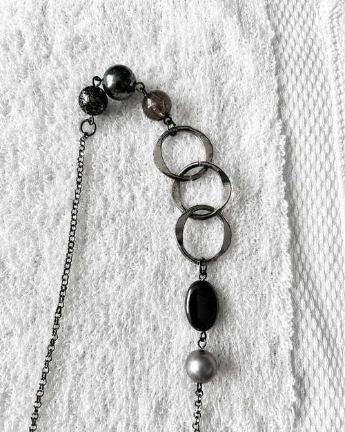 Blue Black Beaded Mixed Metal Long Station Double Chain Necklace 40"