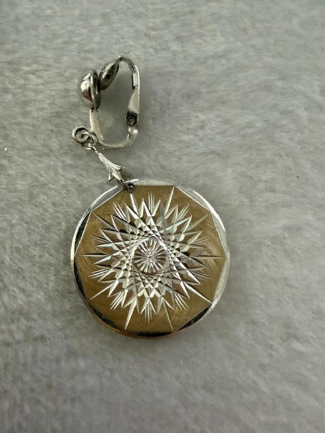 Vintage Silver Tone Sunburst Disc Pendant Necklace & Clip Earring