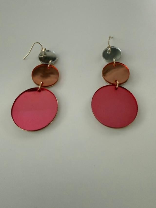Pink Rose Gold Silver Mirrored Acrylic Disc Dangle Earrings 3"