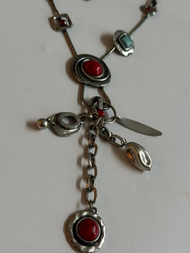 Boho Silver Tone Red Turquoise Color Cabochon Lariat Necklace 26