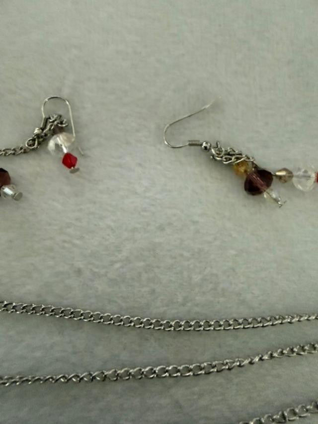 You & I Multi Strand Silver Tone Crystal Bead Necklace Earrings Set 35"