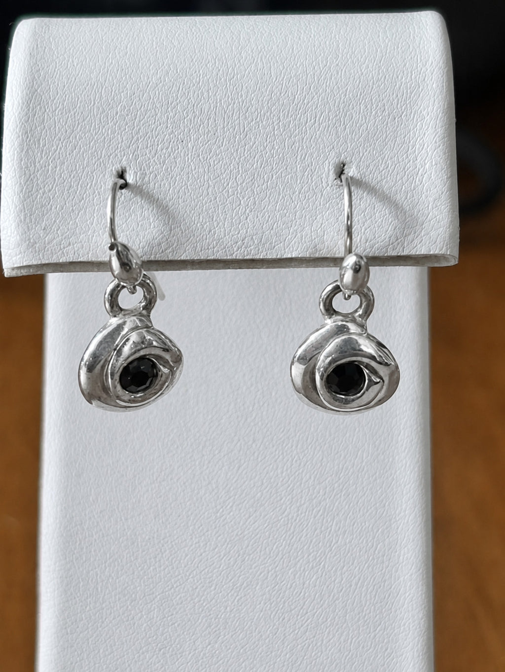 Silver Tone Black Rhinestone Abstract Eye Dangle Fishhook Earrings