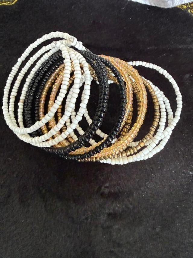 Boho 15 Strand Beaded Memory Wire Cuff Bracelet Black Cream Bronze