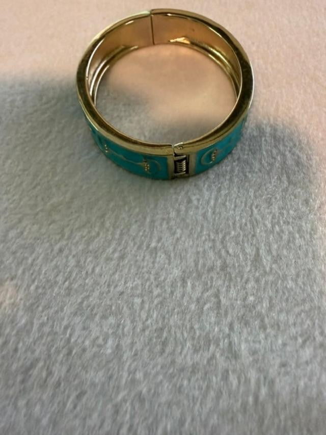 Vintage Turquoise Enamel Rhinestone Hinged Bangle Bracelet Gold Tone se