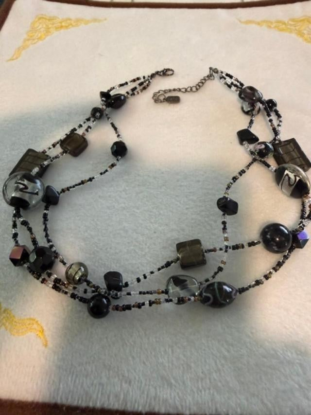 Vintage Tiara Misu Multi Strand Black Gray Glass Bead Statement Necklace