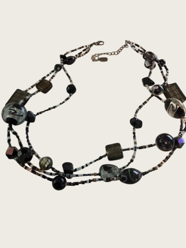 Vintage Tiara Misu Multi Strand Black Gray Glass Bead Statement Necklace