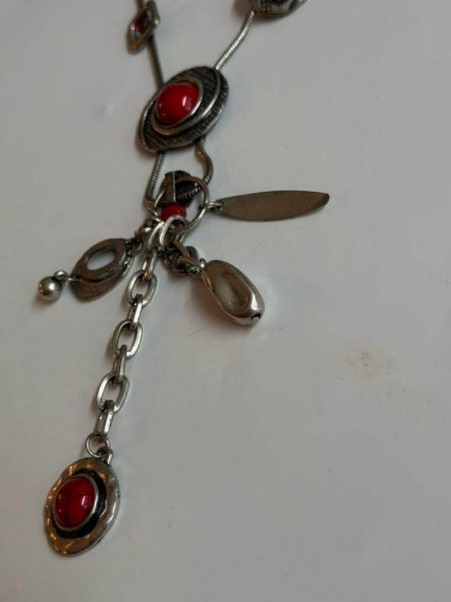 Boho Silver Tone Red Turquoise Color Cabochon Lariat Necklace 26
