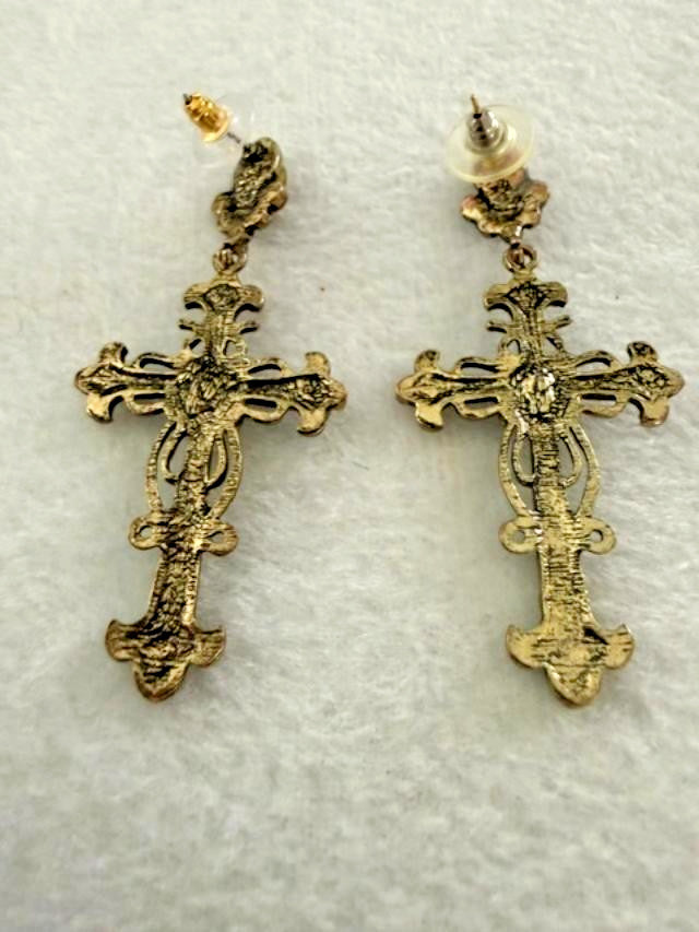 Gold Tone Rhinestone Cross Dangle Earrings 2.5" Ornate Statement Pierced