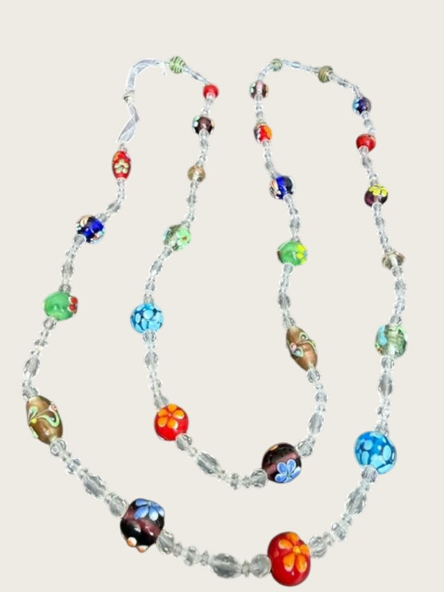 Extra-long multicolor lampwork-style glass bead necklace measuring approximately