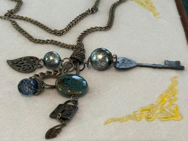 Vintage VCLM Lee Mode Key Heart Charm Necklace 27" Teal Bead Boho