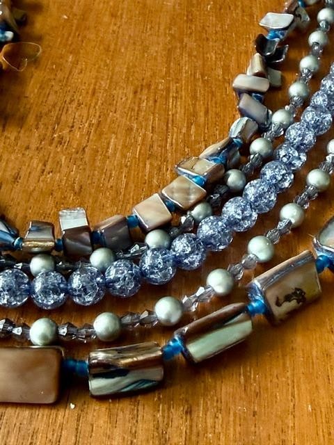 5-Strand Blue Gray Shell Crackle Bead Statement Necklace 24”