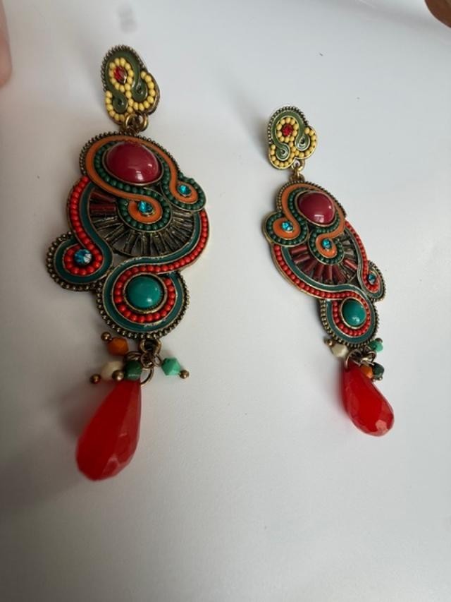 Large Boho Paisley Chandelier Earrings Red Turquoise Gold Tone Statement 4 Inch