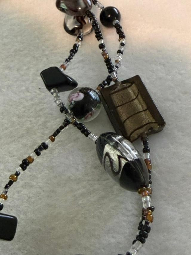 Vintage Tiara Misu Multi Strand Black Gray Glass Bead Statement Necklace