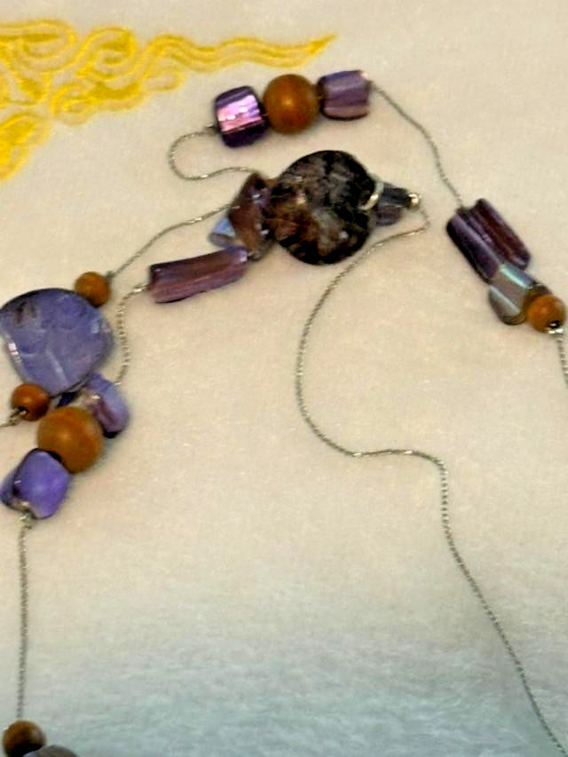 Purple Shell Wood Bead Double Strand Necklace 33 Inch Boho Statement