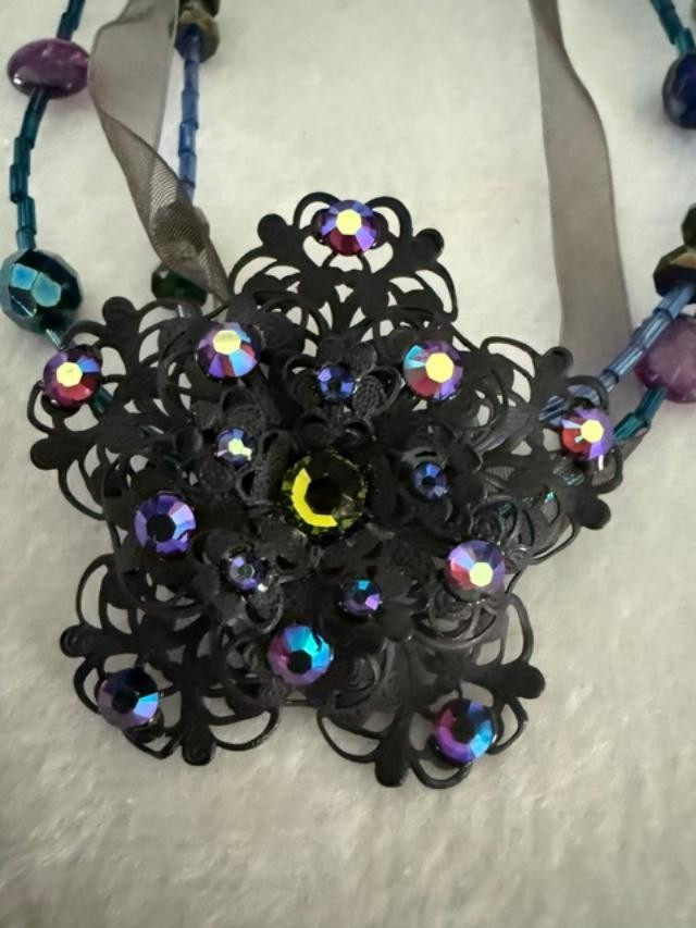 Lane Bryant Black Filigree Flower Statement Necklace AB Rhinestones 21" 2" Penda